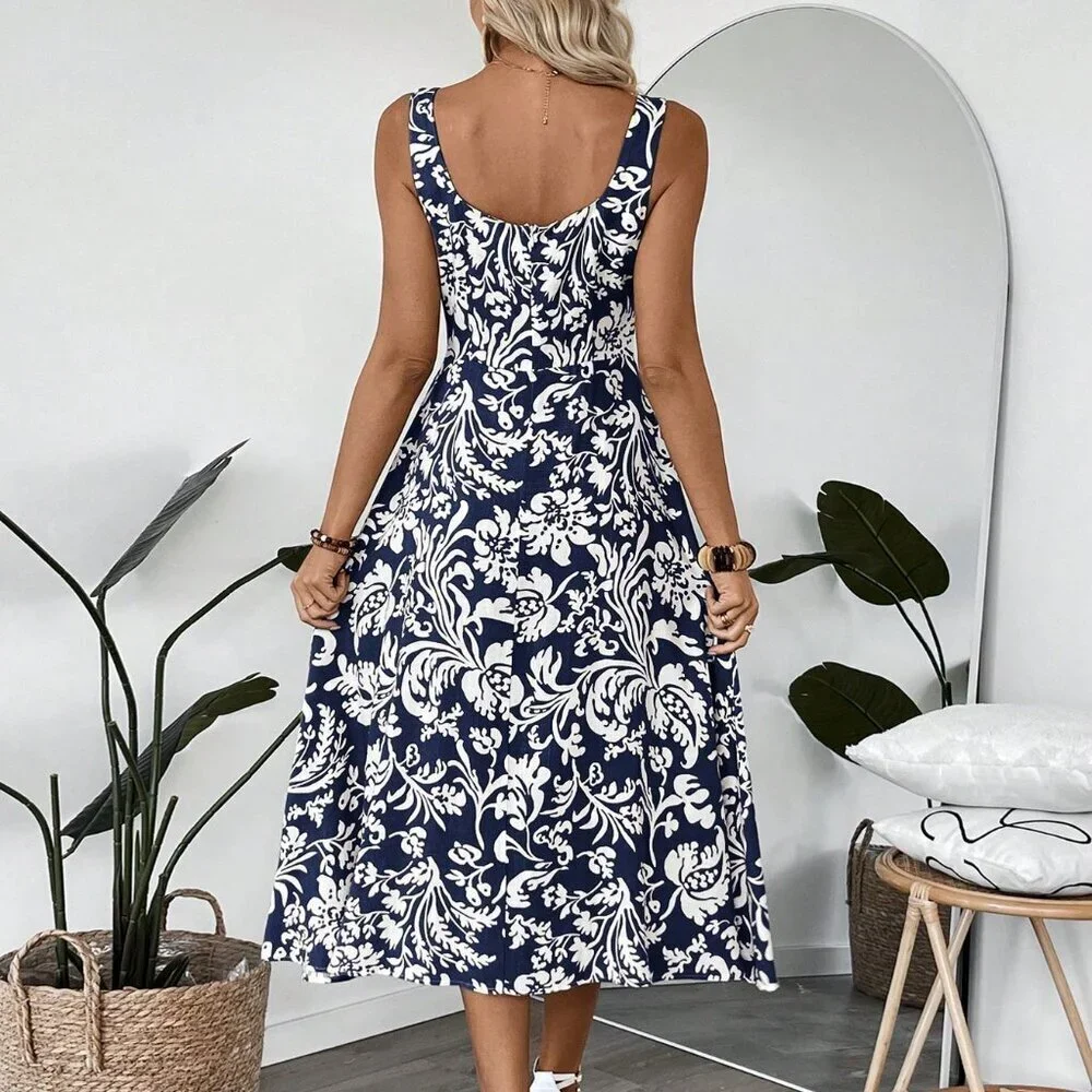 Blue Boho Women's Floral Square Neck Sleeveless Midi Dress